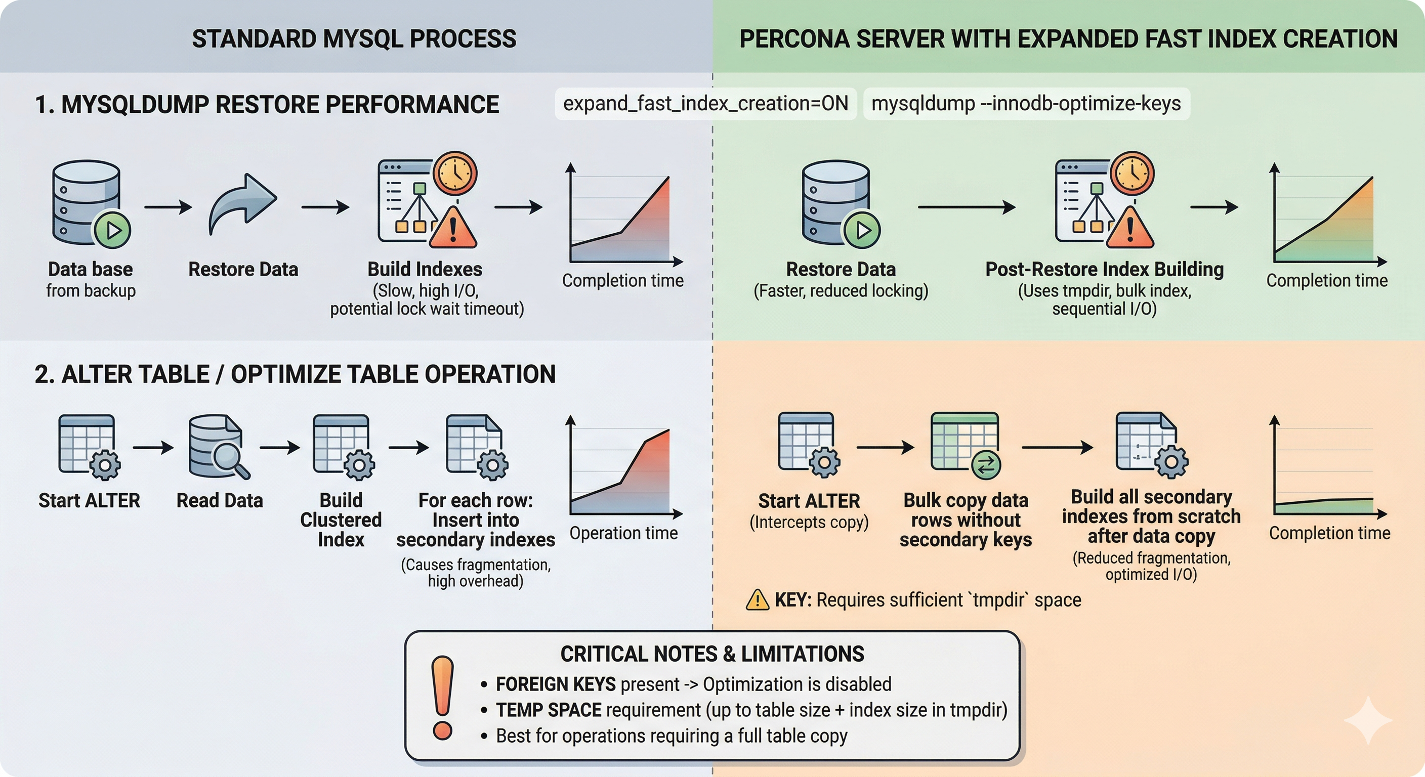 Comparison of standard MySQL and Percona Server with expanded fast index creation for backup restore and copy-style ALTER TABLE or OPTIMIZE TABLE