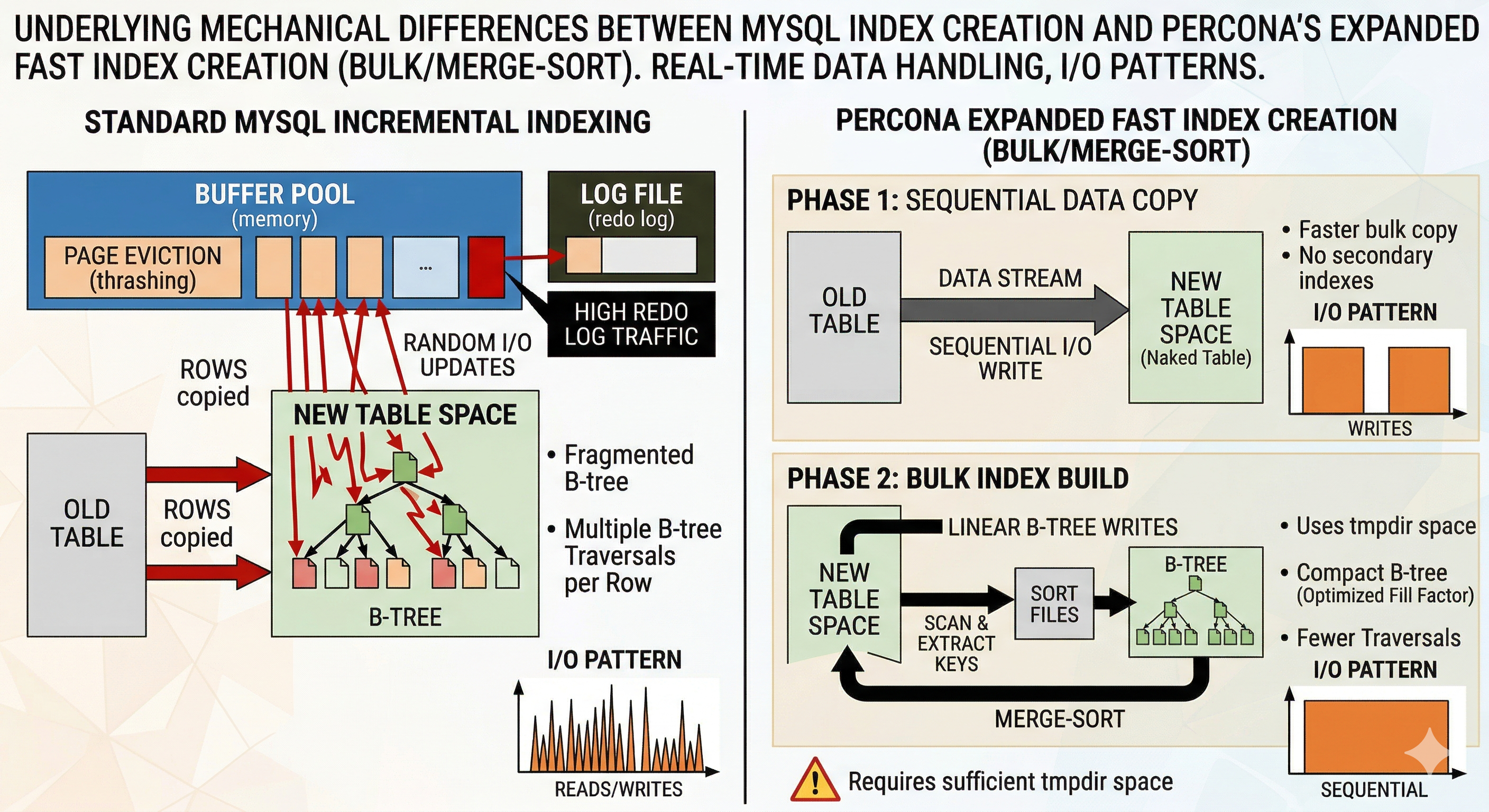 Standard MySQL incremental B-tree updates versus Percona two-phase sequential copy and bulk merge-sort index build, I/O patterns, and tmpdir